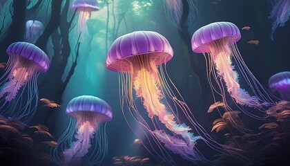 Wall Mural - underwater world concept beautiful purple glowing jellyfish in the depths