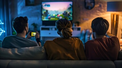 Three teenaged friends sitting on couch playing video games on smartphone, gaming night