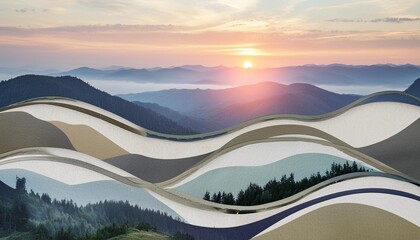 Wall Mural - abstract watercolor collage with sunrise in the wavy mountains