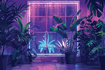 Wall Mural - Urban jungle illuminated by neon lights isolated vector style