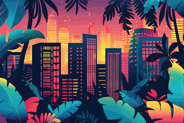 Wall Mural - Urban jungle illuminated by neon lights isolated vector style