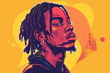 Aufkleber - Detailed vector illustration of a young man with dreadlocks in a vibrant pop art style against a vivid orange backdrop