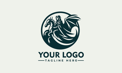 Wall Mural - woman cloak riding dragon vector logo depicts a brave woman in a cloak riding a graceful dragon wing