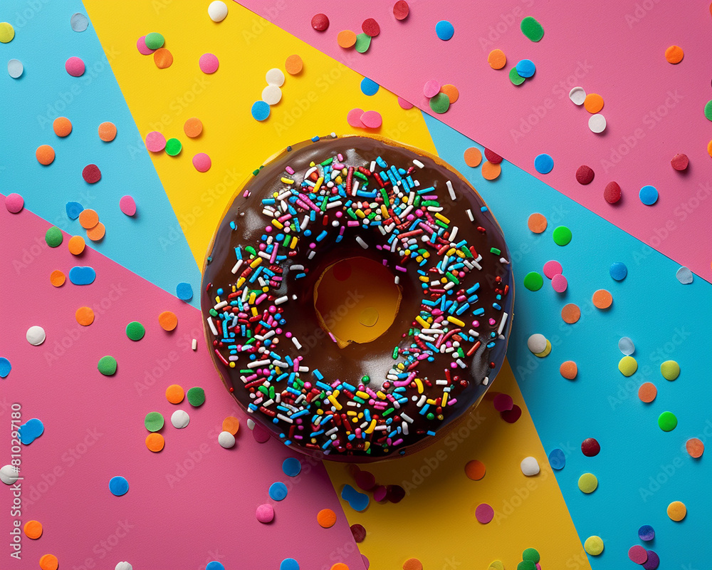 Chocolate frosted donut with rainbow sprinkles placed on a colorful pop ...