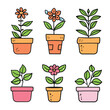 Six potted plants handdrawn brightly colored vector illustration isolated white background. Potted flowers foliage digital art home decor theme. Cartoonstyle garden plants graphic design elements