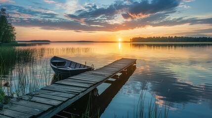 Wall Mural - Wooden pier with fishing boat at sunset on a lake in rural Finland