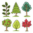 Collection six cartoon trees featuring distinct styles leaf patterns, vibrant colors. Simplistic design, handdrawn aesthetic, tree unique foliage fruits, vector art. Isolated white background