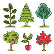 Set six cartoon trees, various species, colorful design. Handdrawn evergreen, fruit tree, apple attached. Bright colors, green leaves, red apples, simple style, vector illustration
