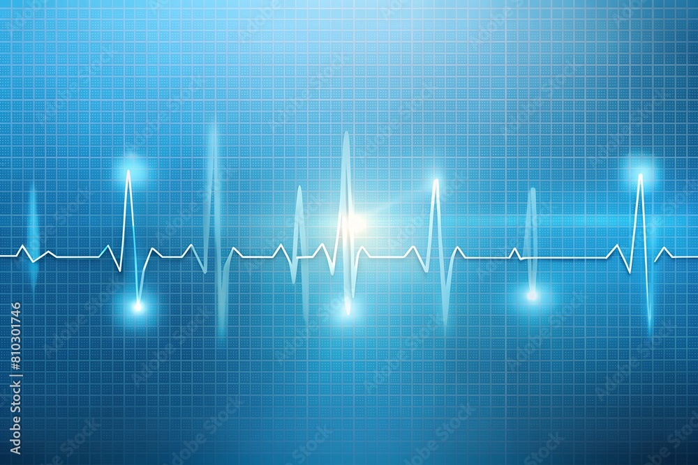 Illustration of a glowing digital heartbeat line on a blue grid ...