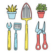 Handdrawn gardening tools plants pots. Colorful illustration includes fork, trowel, pruner, wrench, hoe. Gardening equipment houseplants vector art isolated white background
