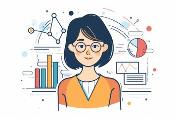Poster - Illustration of a confident young businesswoman surrounded by colorful charts, graphs, and data analysis symbols in a corporate setting