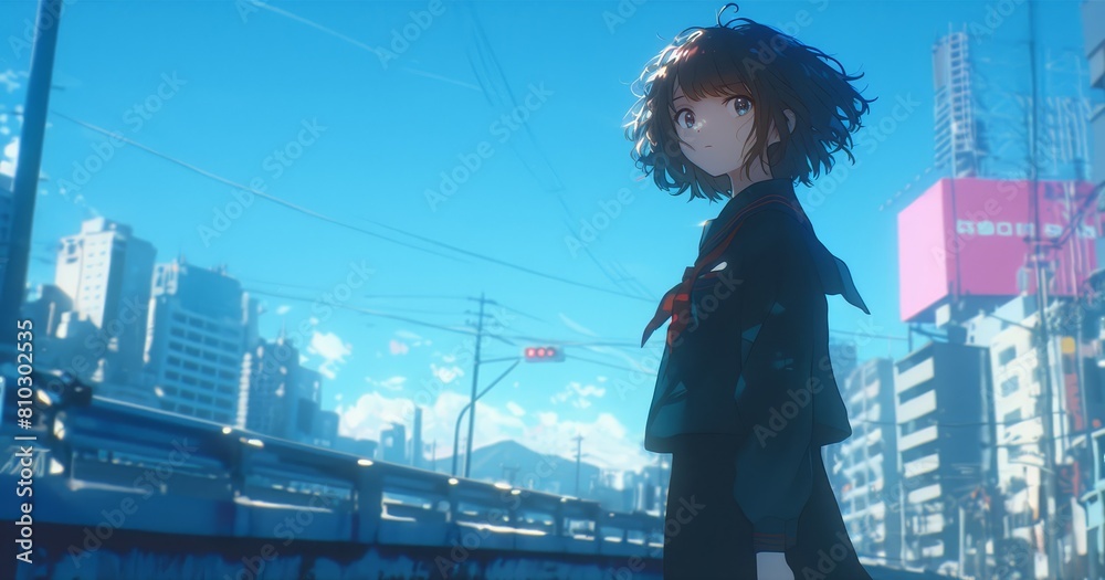 A girl in a school uniform stands on the street, looking at you with ...