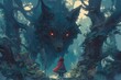 A giant wolf with red eyes stands in the forest, looking at a little girl wearing a red cape.