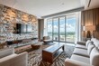 © ChaoticMind - Spacious modern living room with stone wall, large windows, luxurious furniture, and scenic views, in a contemporary stylish apartment