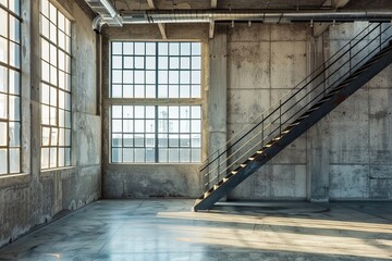 Poster - Large windows and a staircase in a minimalistic, concrete urban environment: spacious industrial loft with dramatic sunlight and shadows