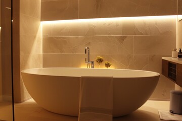 Poster - Contemporary bathroom with cozy lighting, elegant freestanding bathtub, and minimalist decor for a serene atmosphere