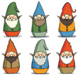 Six cartoon gnomes arranged rows, unique colored outfits hats. Gnomes display cheerful expressions, long beards, pointy ears, gnome stands isolated white background simple shading clean lines