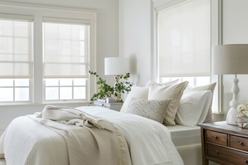 Poster - Serene modern bedroom featuring a comfortable bed with plush bedding, white walls, large windows, and elegant bedside furnishings