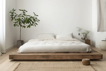 Poster - Peaceful and inviting minimalist bedroom with a wooden platform bed, white linens, and green plants for a cozy atmosphere