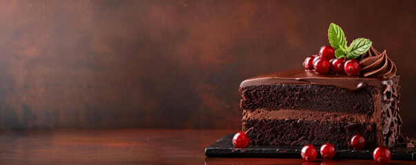 Wall Mural - Slice of rich chocolate cake with creamy frosting, set on a rustic wooden background
