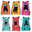 Six cartoon bears various expressions, handdrawn style. Bears showing emotions surprised, happy, sad, angry, shocked. Graphic art colorful bears, fun characters childrens content