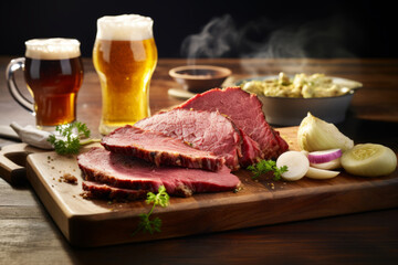 Wall Mural - Rustic corned beef dinner with beer, traditional Irish food