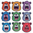 Nine cartoon bear faces roar, colorful cartoon bear heads, angry expressions. Different colors, style, roaring mouths open showing teeth tongues, illustrations apparel design, stickers, children