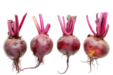 Four raw beets with roots isolated on white background.