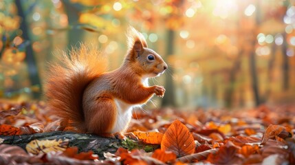 Squirrel red fur funny pets autumn forest on background wild nature animal thematic (Sciurus vulgaris, rodent)