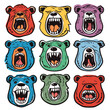 Nine cartoon bear faces expressing aggression displayed three rows, bear design distinct, featuring various colors red, yellow, green, blue. Furious cartoon characters snarl showing sharp teeth