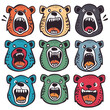 Set nine cartoon bear faces displaying various expressions. Colorful animal emoticons range angry, shouting, scared, cheerful. Stylized bear heads use limited palette, unshaded, flat design
