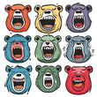 Nine cartoon bear faces expressing different emotions through open mouths varied coloring. Bears show colors orange, yellow, purple, blue, green, red. Cartoon bears fierce expressions, stylized