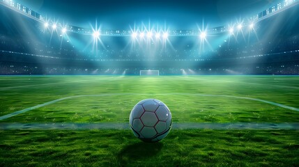 Wall Mural - Football stadium arena for match with spotlight. Soccer sport background, green grass field for competition champion match.