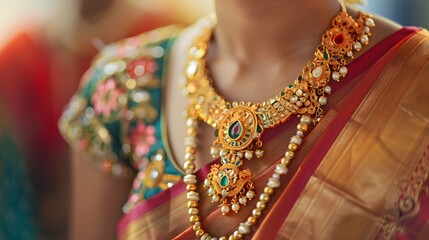 Wall Mural - in South Indian Marriage function Mangalsutra Jewellery on bride's saree.
in South Indian Marriage function Mangalsutra Jewellery on bride's saree.
