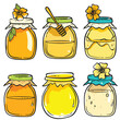 Six colorful jars honey, designed uniquely lids flowers. Bright cartoonstyle illustration, showcasing various honey textures. Isolated white background enhances detailed depiction honey jars