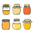 Handdrawn honey jars collection, various shapes colors. Sweet organic honey set, decorative lids, fabric covers. Kitchen food items, handmade sketch, illustration