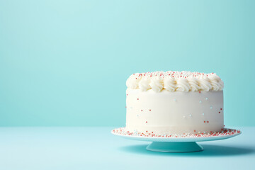 Wall Mural - Simple vanilla white cake on a solid light blue background with empty space on the left