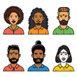Six diverse cartoon characters shoulders up. Characters vary ethnicity, hairstyles, facial hair, colorful clothing representing different cultures, character smiling, showing positive, friendly