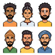 Six diverse Indian characters illustrated modern colorful style. Men women ethnic Indian portraits wearing traditional attire, expressing cultural identity fashionable modernity. Bright, detailed