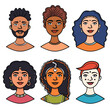 Six diverse illustrated portraits. Top row African male beard, Indian bun, East Asian earring headband. Bottom row African curly hair earring, Indian jewelry traditional attire