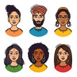 Six diverse cartoon faces represent multicultural group, various ethnic backgrounds shown through details. Portraits three women three men, different hairstyles, skin tones, traditional accessories