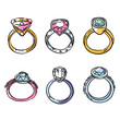 Six colorful engagement rings, featuring different gemstone, set against isolated white background. Handdrawn style jewelry depicts various ring designs, ring has unique band detailed engravings