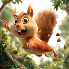 A cute squirrel is flying through the air. It has a big smile on its face and its arms are outstretched. The squirrel is surrounded by green leaves and brown acorns.