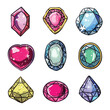 Colorful gemstones set, cartoon crystals collection, precious stones variety. Gemstone icons isolated, jewelry elements, game assets, magical gems. Sparkling cartoon gems, bright colors, shiny