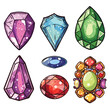 Colorful gemstones cartoon illustration, various shapes colors depicted. Handdrawn style gems, perfect game graphics, educational materials minerals. Vibrant shiny crystals, illustration suitable