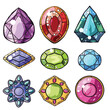 Collection colorful gemstones various shapes sizes. Cartoon jewels set sparkle shiny highlights. Precious stones diamonds fantasy treasure game assets isolated white background