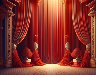 Theatre curtains in 3D with red color and movie or stage design