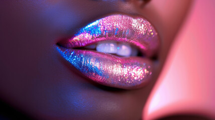 Poster - A woman's lips are painted with glittery pink and blue makeup