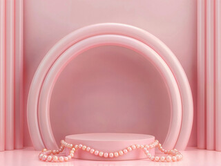 Poster - Pink arch frame and round podium with pearl necklace on a textured pink background. High quality photo