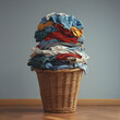 © VRAYVENUS - A wicker laundry basket full of clothes, the clothes are messy and colorful